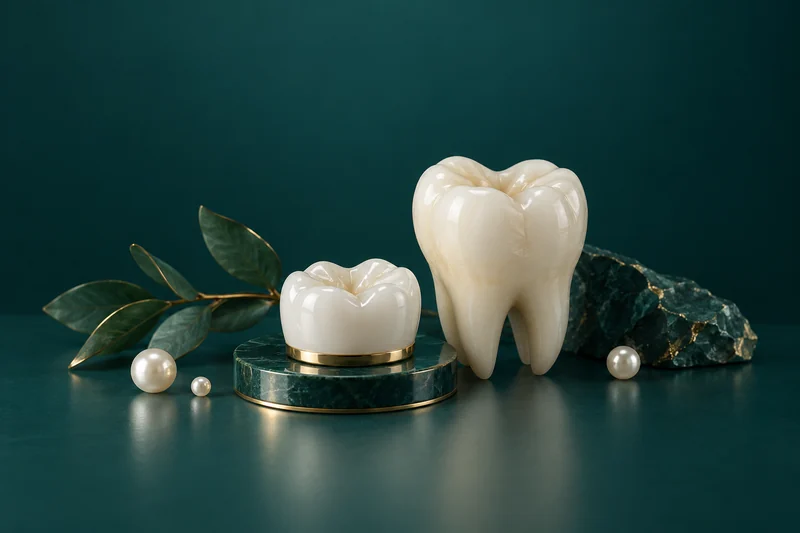Sculptural tooth and crown representing restorative care