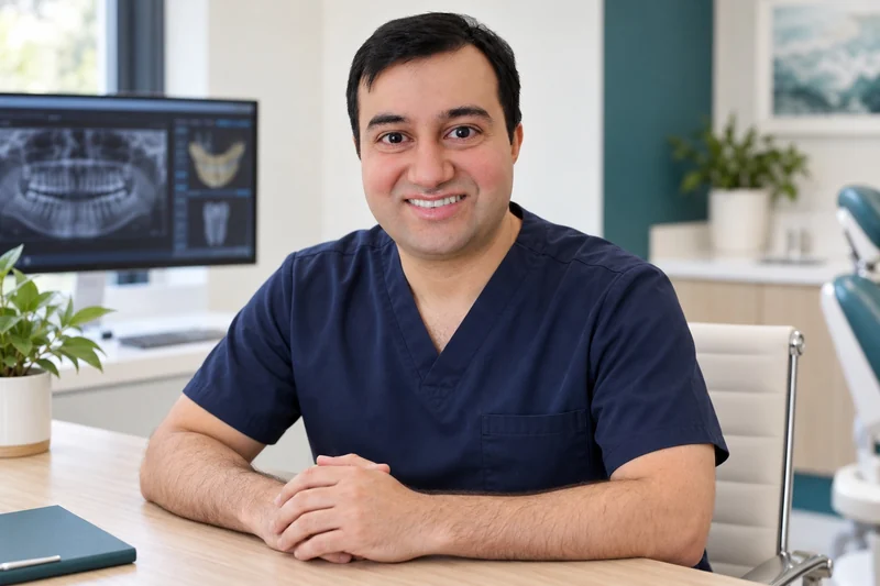 Dr. Jameel Aftab seated in a dental consultation setting